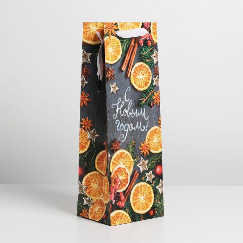 Пакет подарочный под бутылку «С новым годом. Апельсины» 13 x 36 x 10 см