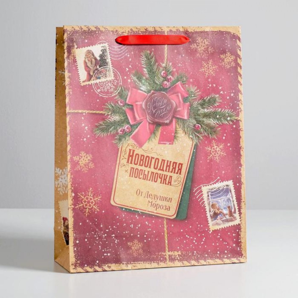 Пакет подарочный крафт «Новогодняя посылочка от Дедушки Мороза» 31 × 40 × 9 см