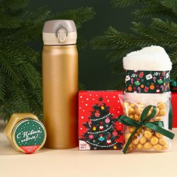 Набор «Веселья в новом году» чай, крем-мед, носки, термос (зеленый с золотом)