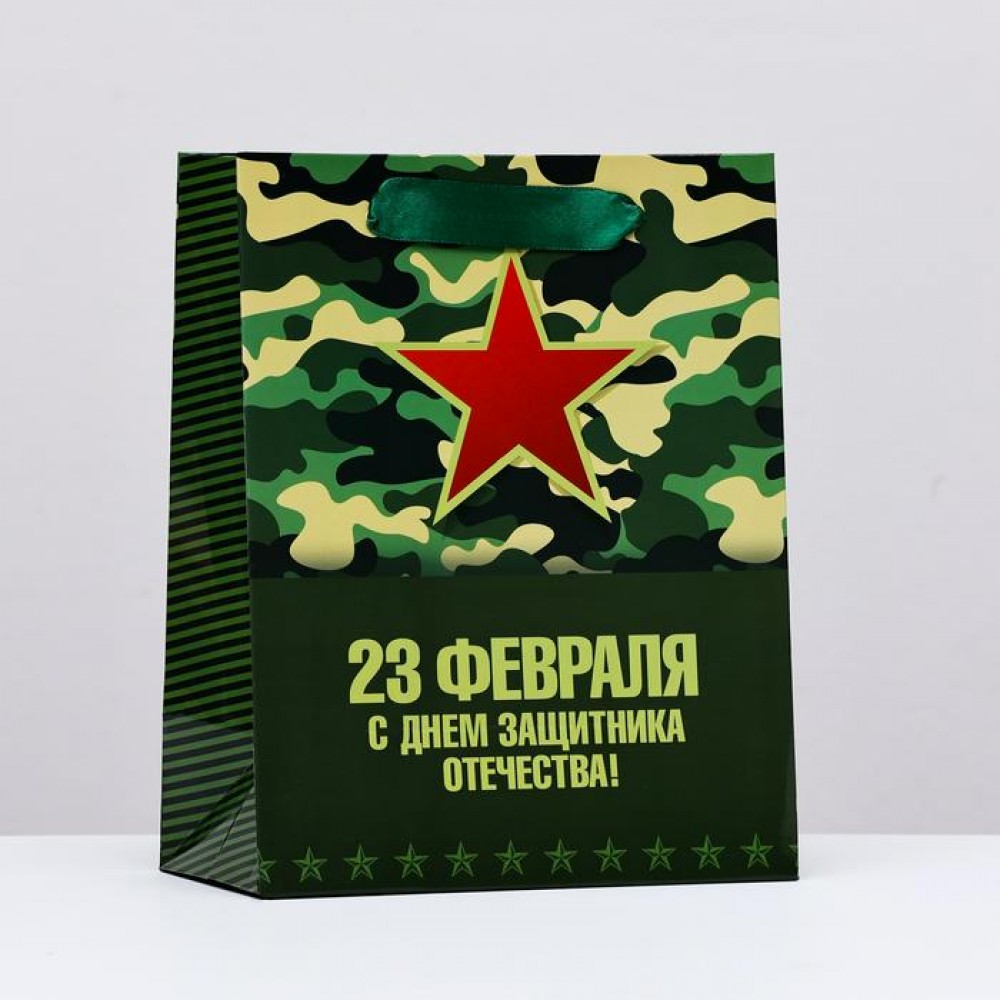 Подарочный пакет «23 февраля. С днем защитника отечества» зеленый серый MS 23 х 18 х 10 см