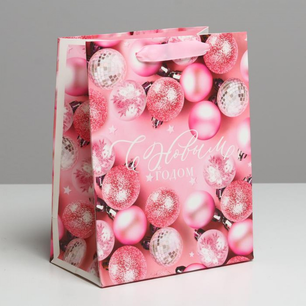 Новогодний пакет «Розовые шарики» 18 × 23 × 10 см