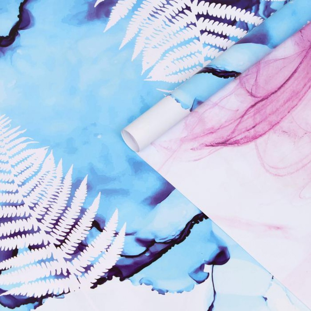Бумага упаковочная глянцевая «Мрамор и папоротник», фиолетово-синяя, двухсторонняя, 0,5 х 0,7 м
