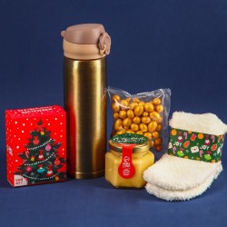 Набор «Веселья в новом году» чай, крем-мед, носки, термос (золотой)